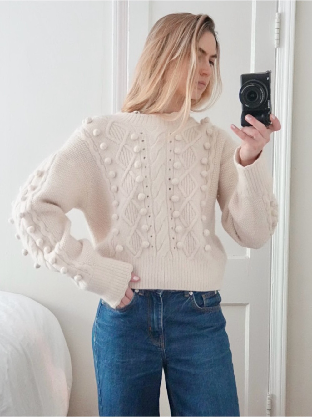 & Other Stories Cream Cable-Knit Pom-Pom Crew Sweater Size Medium - Picture 10 of 10